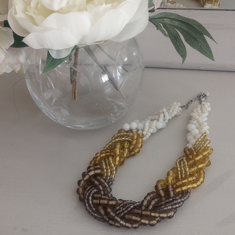 Braided Elegant Multicolor Beaded Necklace Gold Brown White